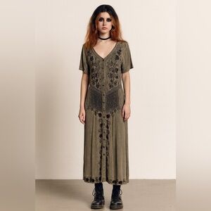 MPH collections short sleeve button down embellished Embroidered acid wash Dress